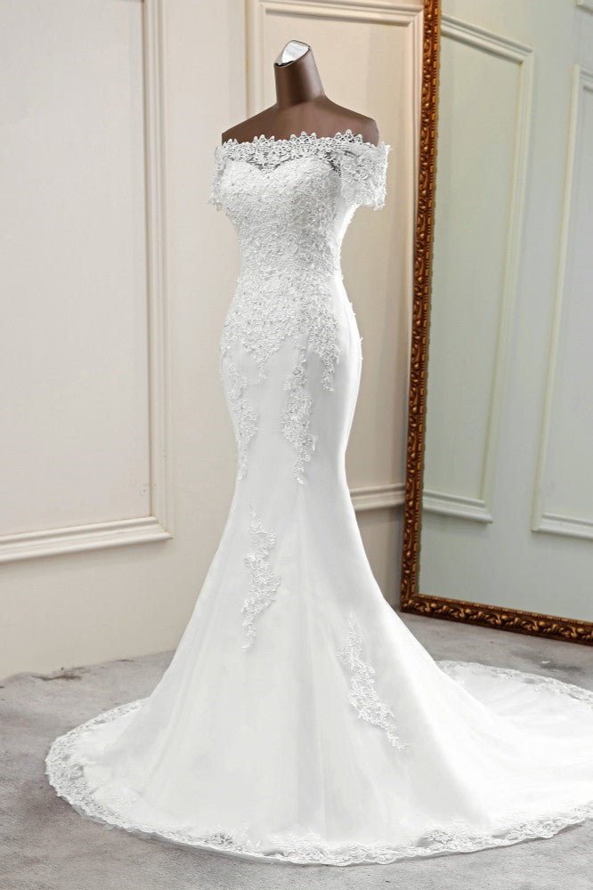 Gorgeous Off The Shoulder Lace Mermaid Wedding Dresses Short Sleeves Rhinestones