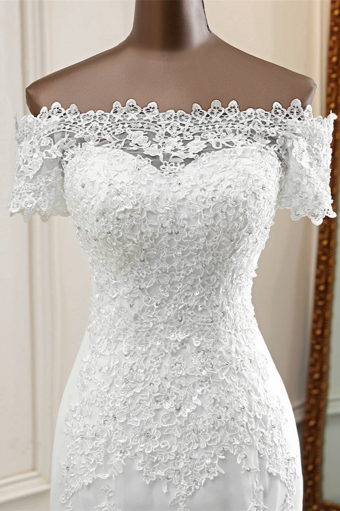 Gorgeous Off The Shoulder Lace Mermaid Wedding Dresses Short Sleeves Rhinestones