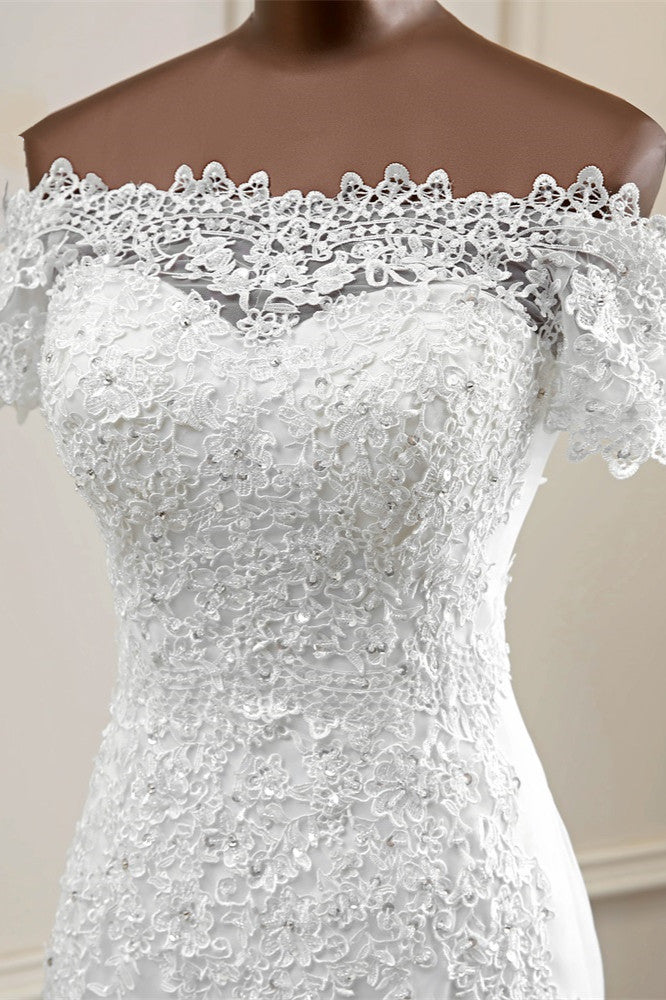 Gorgeous Off The Shoulder Lace Mermaid Wedding Dresses Short Sleeves Rhinestones