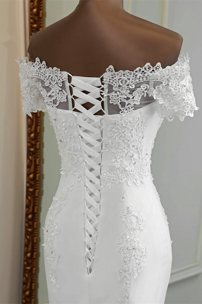 Gorgeous Off The Shoulder Lace Mermaid Wedding Dresses Short Sleeves Rhinestones