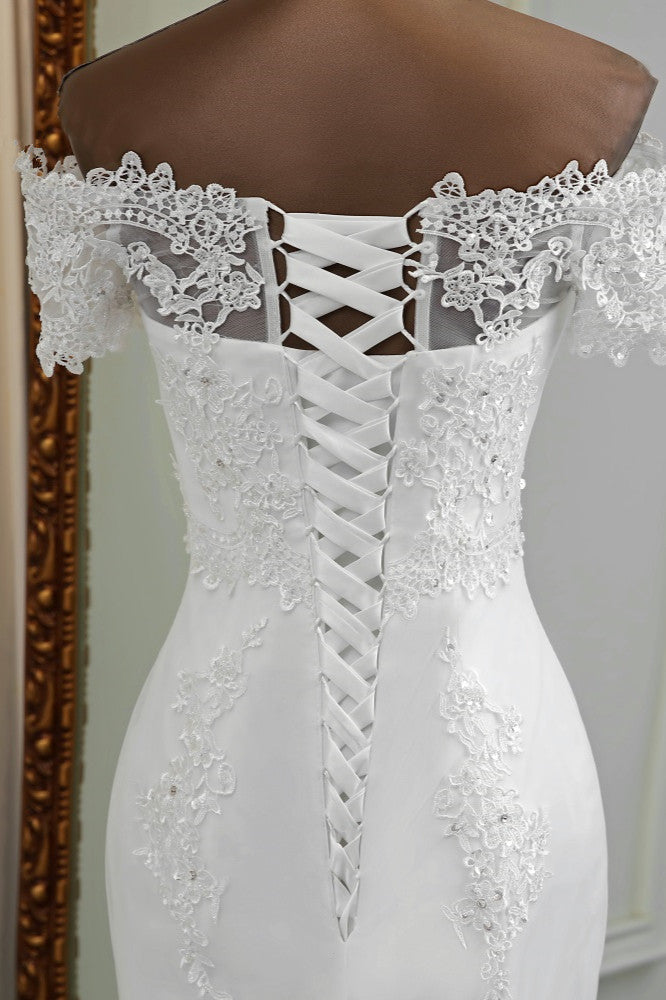 Gorgeous Off The Shoulder Lace Mermaid Wedding Dresses Short Sleeves Rhinestones