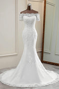 Gorgeous Off The Shoulder Lace Mermaid Wedding Dresses Short Sleeves Rhinestones