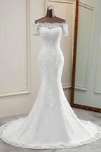Gorgeous Off The Shoulder Lace Mermaid Wedding Dresses Short Sleeves Rhinestones
