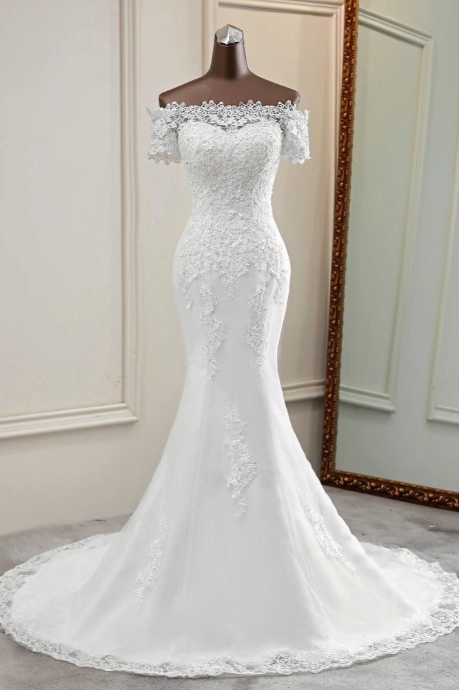 Gorgeous Off The Shoulder Lace Mermaid Wedding Dresses Short Sleeves Rhinestones