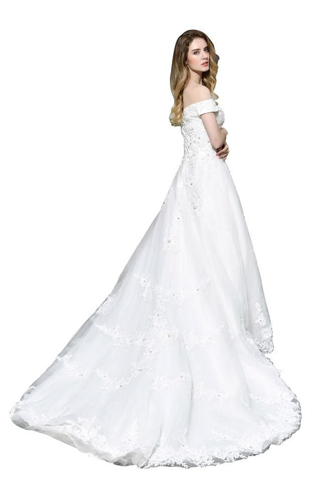 Wunderschönes schulterfreies weißes A-Linien-Brautkleid mit Gartenspitzenapplikationen