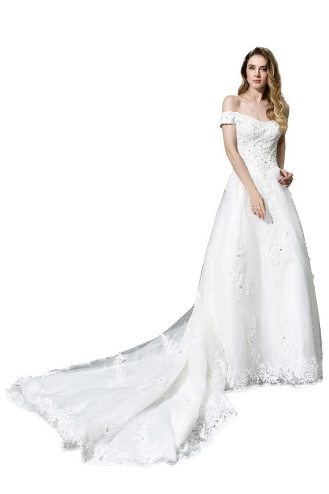 Wunderschönes schulterfreies weißes A-Linien-Brautkleid mit Gartenspitzenapplikationen