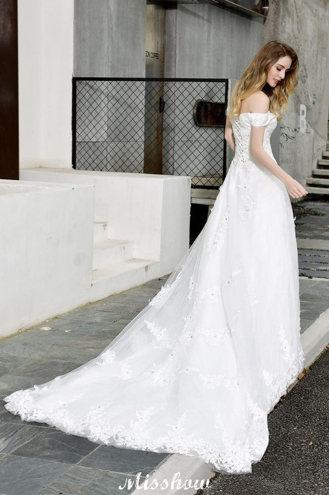 Wunderschönes schulterfreies weißes A-Linien-Brautkleid mit Gartenspitzenapplikationen