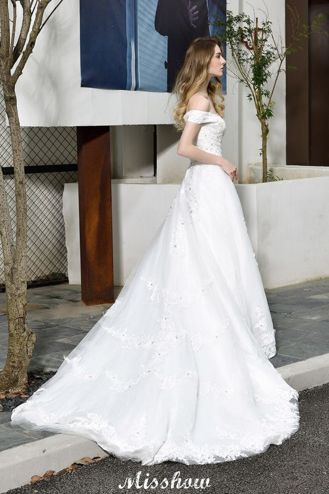 Wunderschönes schulterfreies weißes A-Linien-Brautkleid mit Gartenspitzenapplikationen