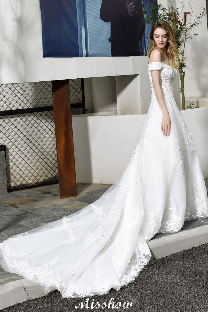 Wunderschönes schulterfreies weißes A-Linien-Brautkleid mit Gartenspitzenapplikationen