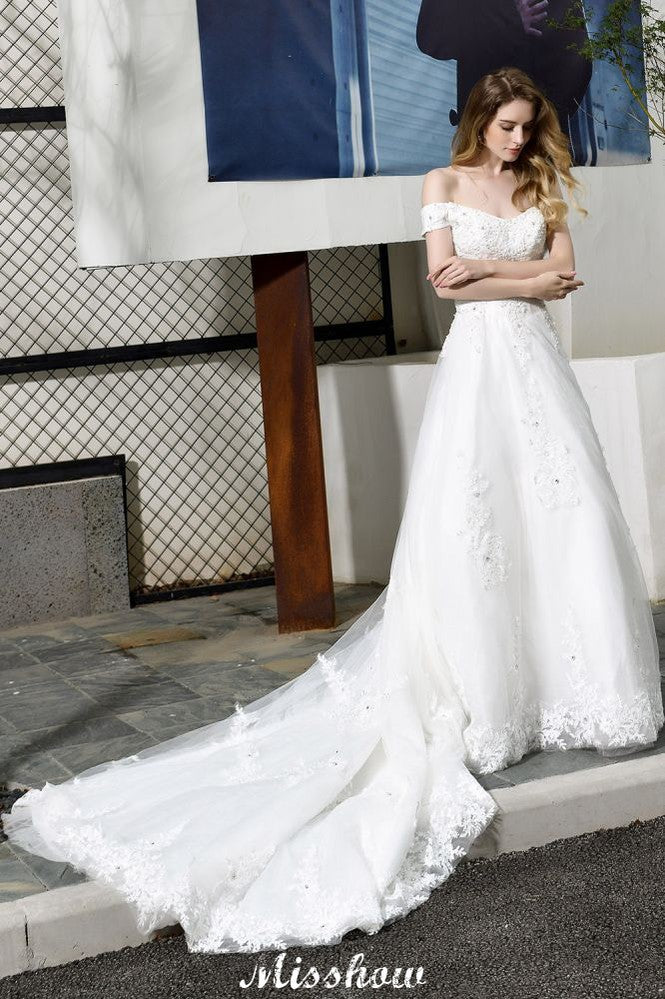 Wunderschönes schulterfreies weißes A-Linien-Brautkleid mit Gartenspitzenapplikationen