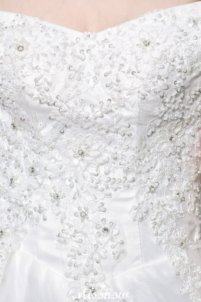 Wunderschönes schulterfreies weißes A-Linien-Brautkleid mit Gartenspitzenapplikationen