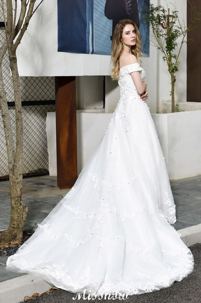 Wunderschönes schulterfreies weißes A-Linien-Brautkleid mit Gartenspitzenapplikationen