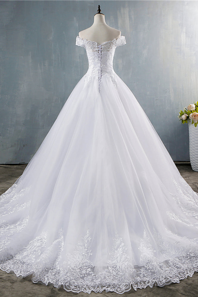 Off Shoulder White Tulle Wedding Dress With Lace Appliques Bridal Gown On Sale