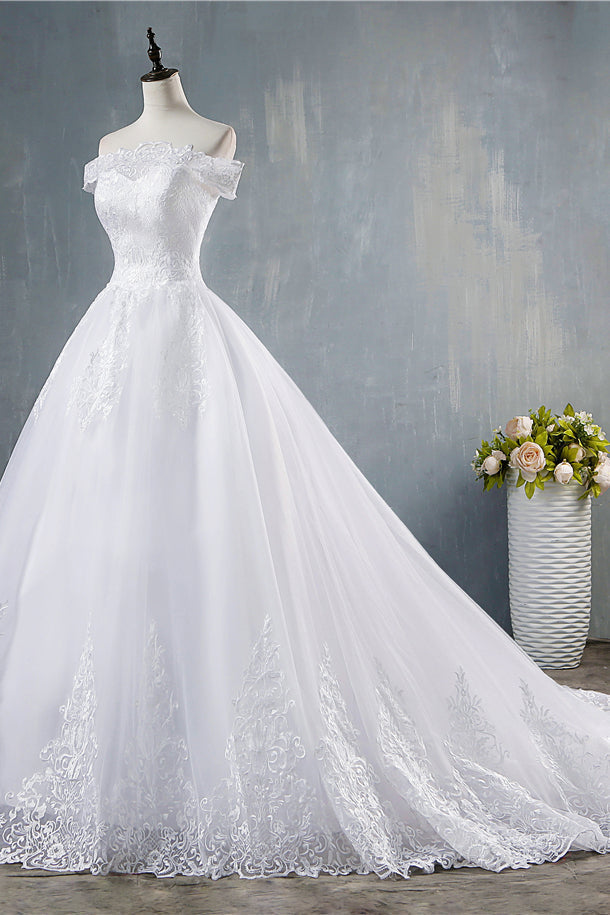 Off Shoulder White Tulle Wedding Dress With Lace Appliques Bridal Gown On Sale