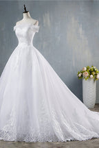 Off Shoulder White Tulle Wedding Dress With Lace Appliques Bridal Gown On Sale