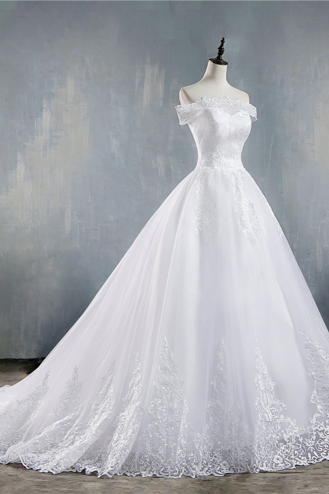 Off Shoulder White Tulle Wedding Dress With Lace Appliques Bridal Gown On Sale