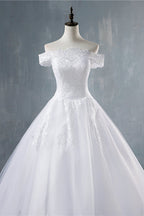 Off Shoulder White Tulle Wedding Dress With Lace Appliques Bridal Gown On Sale