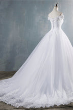 Off Shoulder White Tulle Wedding Dress With Lace Appliques Bridal Gown On Sale