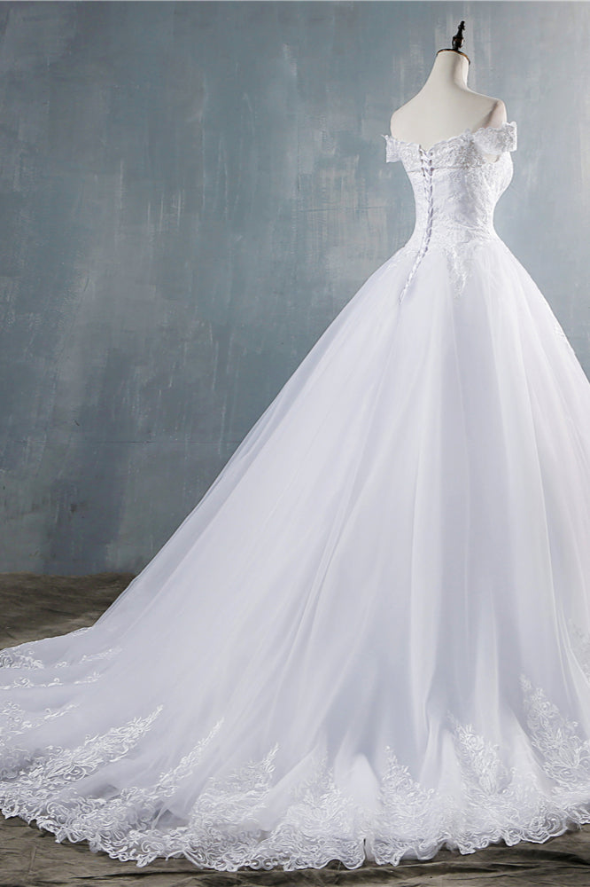 Off Shoulder White Tulle Wedding Dress With Lace Appliques Bridal Gown On Sale