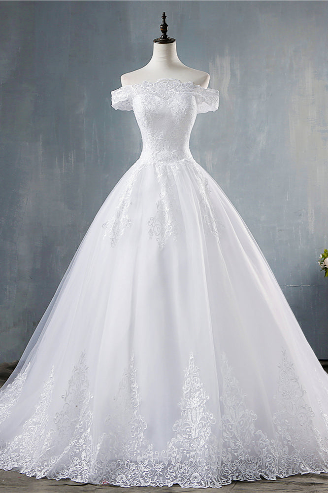 Off Shoulder White Tulle Wedding Dress With Lace Appliques Bridal Gown On Sale