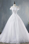 Off Shoulder White Tulle Wedding Dress With Lace Appliques Bridal Gown On Sale
