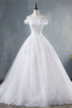 Off Shoulder White Tulle Wedding Dress With Lace Appliques Bridal Gown On Sale