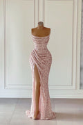 Splendido abito da sera senza maniche rosa con paillettes e spacco