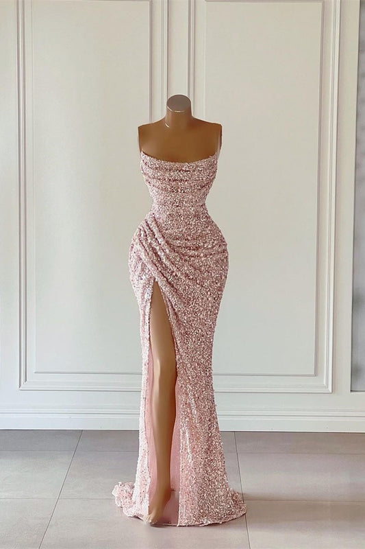 Hermoso vestido de fiesta sin mangas con lentejuelas rosas y abertura