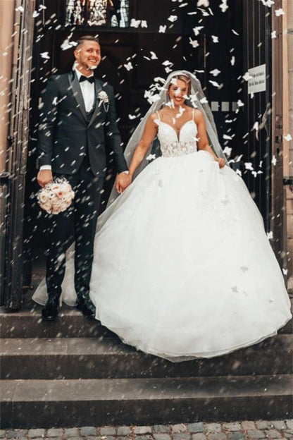 Wunderschönes Prinzessin-Brautkleid in A-Linie mit V-Ausschnitt und Spitze