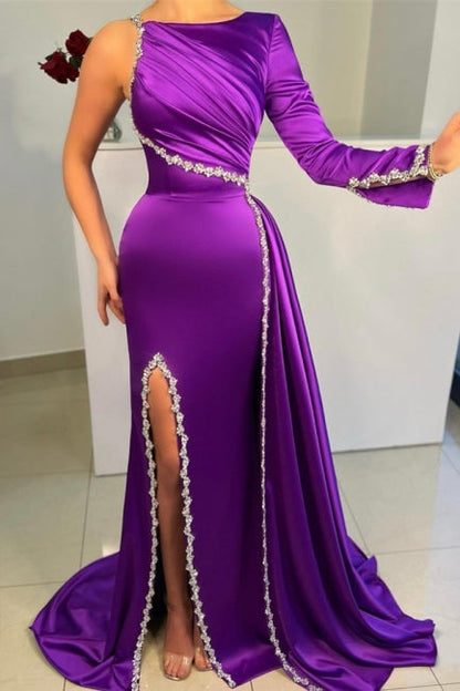 Hermosos vestidos de noche morados largos de corte A con lentejuelas y abertura con mangas largas