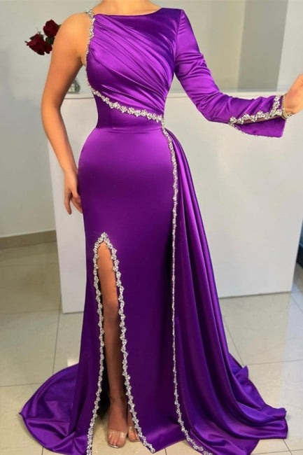 Wunderschönes langes lila A-Linien-Abendkleid mit Pailletten und Schlitz und langen Ärmeln