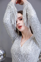 Wunderschöne Pailletten Langarm V-Ausschnitt Meerjungfrau Abendkleider