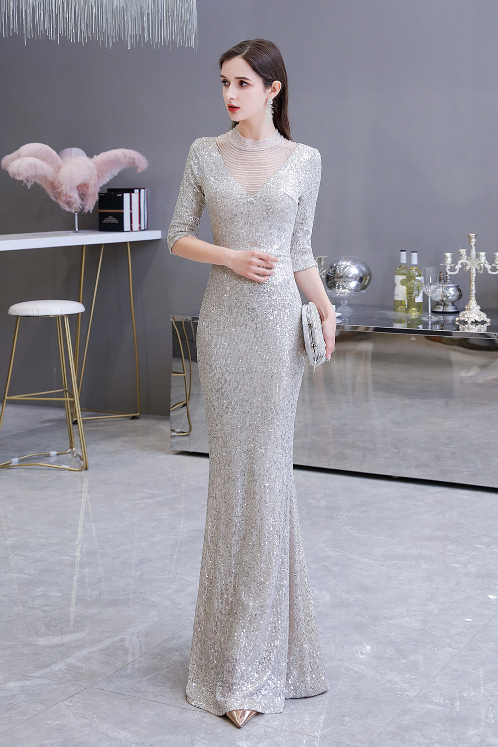 Gorgeous Silver Long sleeves Long Prom Dress