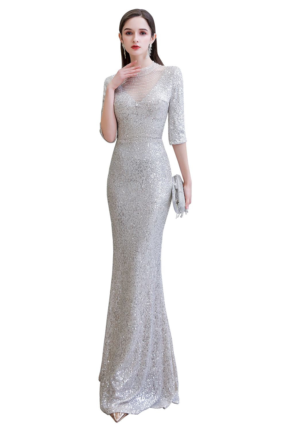 Gorgeous Silver Long sleeves Long Prom Dress