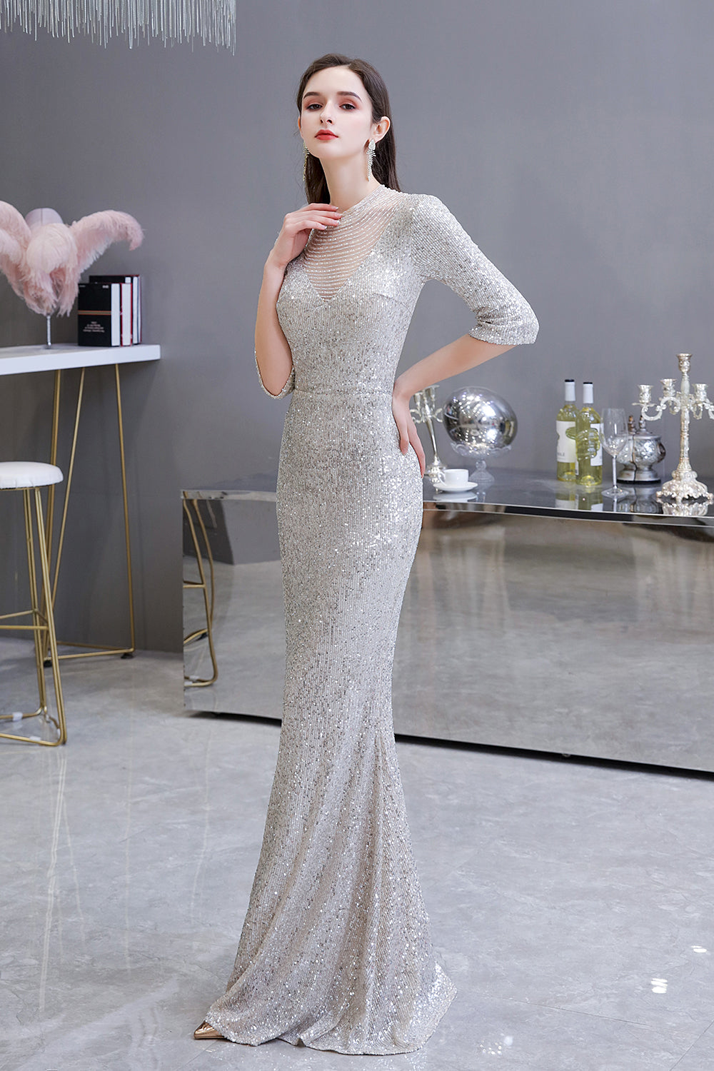 Gorgeous Silver Long sleeves Long Prom Dress