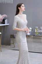 Gorgeous Silver Long sleeves Long Prom Dress