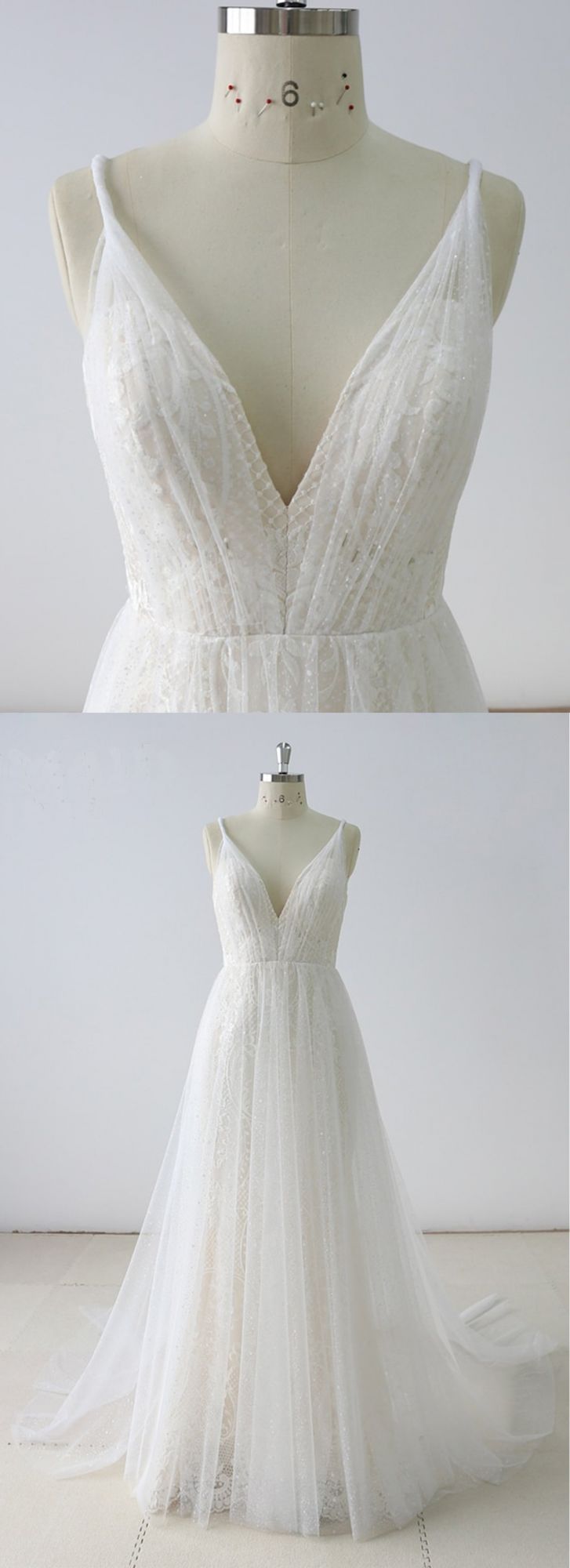White Lace V Neck Sleeveless A Line Wedding Dress With Appliques On Sale