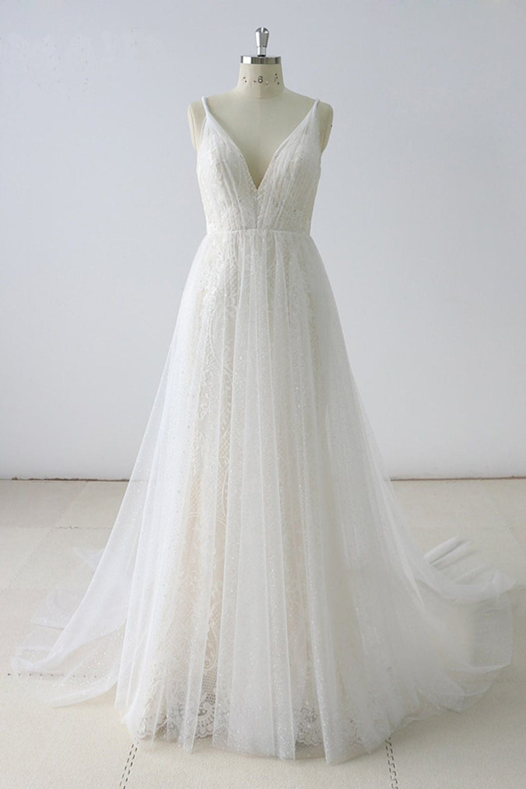 White Lace V Neck Sleeveless A Line Wedding Dress With Appliques On Sale