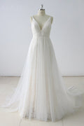 White Lace V Neck Sleeveless A Line Wedding Dress With Appliques On Sale