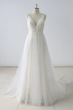 White Lace V Neck Sleeveless A Line Wedding Dress With Appliques On Sale