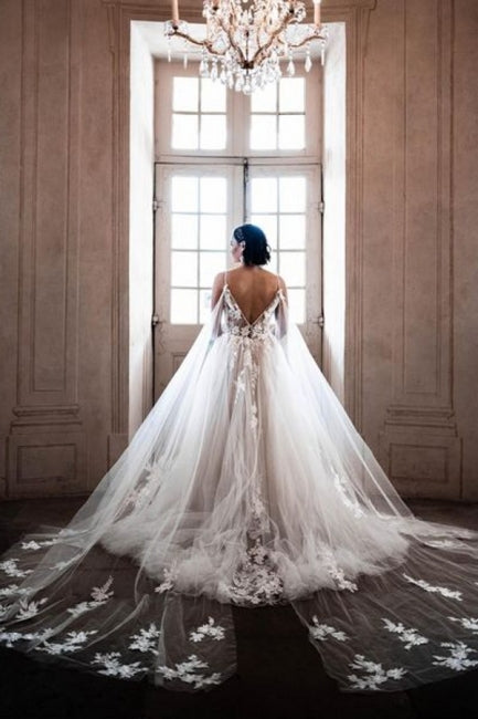 Superbes robes de mariée en tulle sans manches à bretelles spaghetti et coupe évasée avec motif