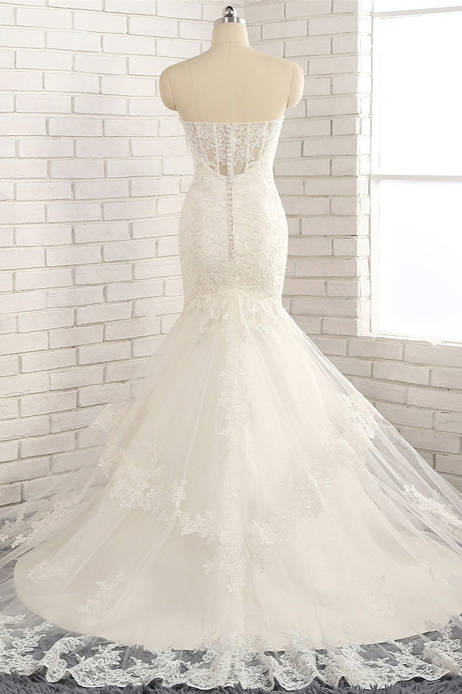 Strapless Lace Tulle Mermaid Wedding Dress Sweetheart Neckline Appliques