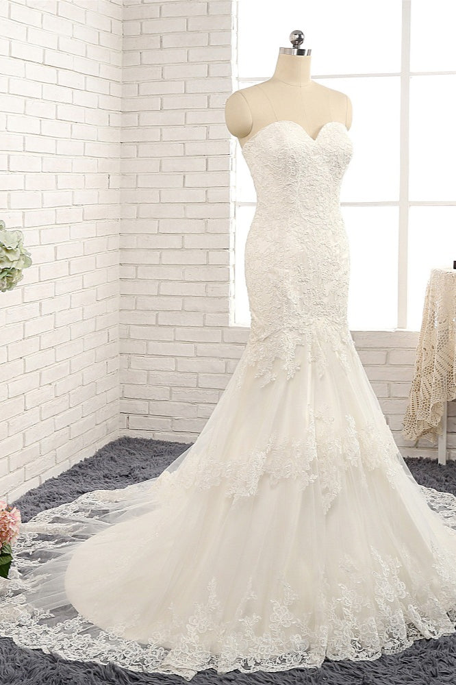 Strapless Lace Tulle Mermaid Wedding Dress Sweetheart Neckline Appliques