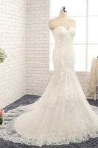 Strapless Lace Tulle Mermaid Wedding Dress Sweetheart Neckline Appliques
