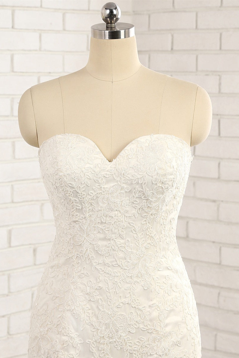 Strapless Lace Tulle Mermaid Wedding Dress Sweetheart Neckline Appliques