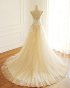 Creamy Sweetheart Tulle Wedding Dress Spaghetti Straps A Line Sweep Train