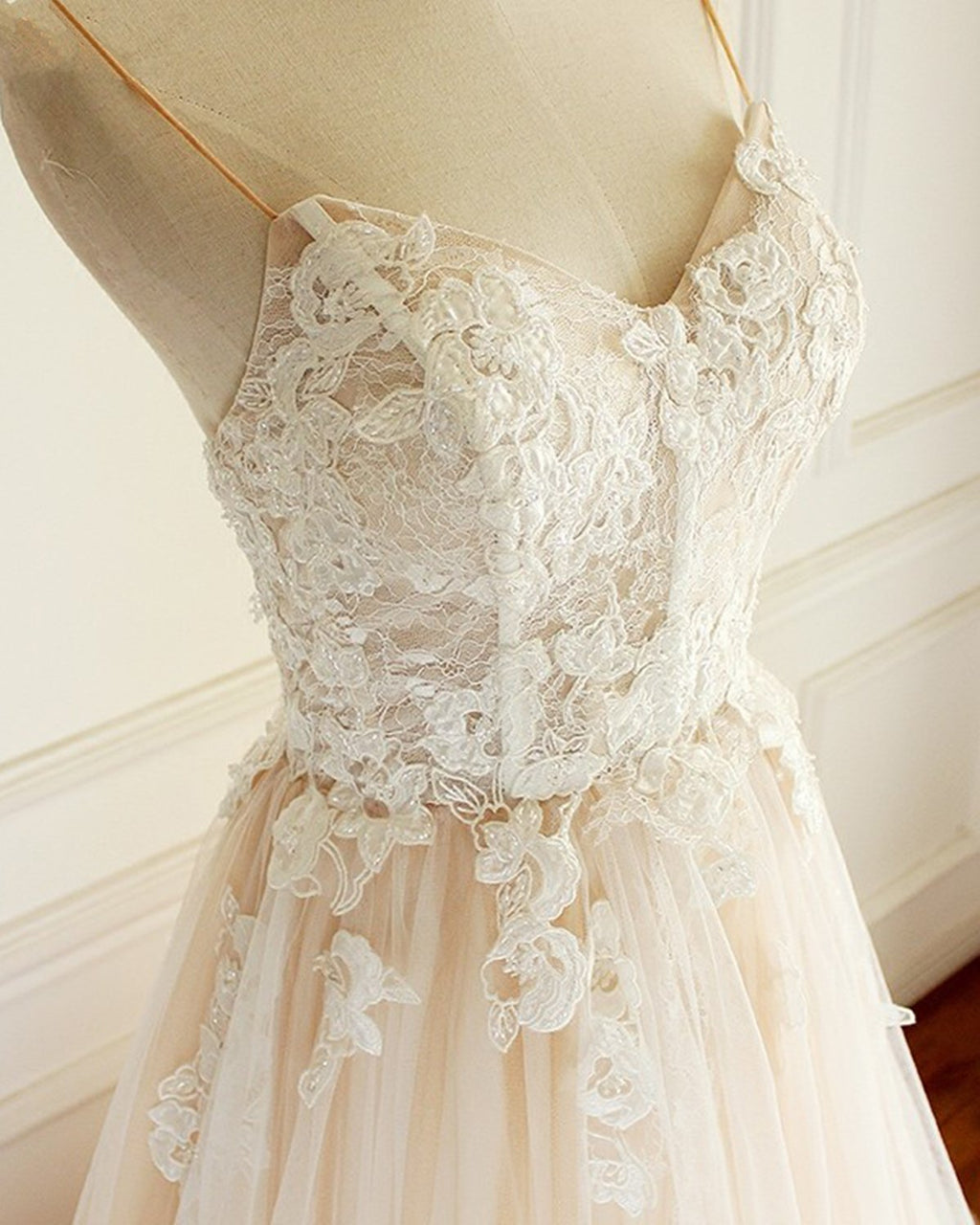 Creamy Sweetheart Tulle Wedding Dress Spaghetti Straps A Line Sweep Train