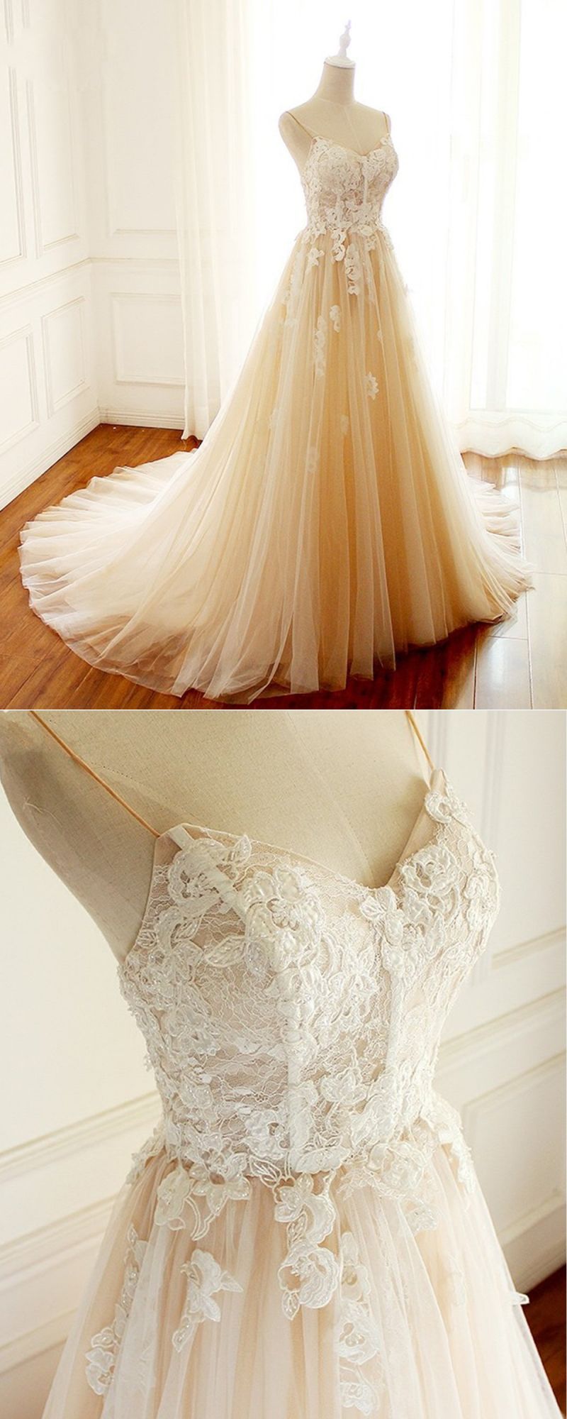 Creamy Sweetheart Tulle Wedding Dress Spaghetti Straps A Line Sweep Train