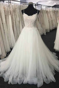 Sweetheart Neckline White Lace Wedding Dress A Line Sleeveless Floor Length Gown