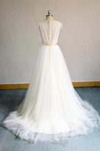 V Neck Sleeveless A Line Champagne Tulle Wedding Dress With Lace Appliques On Sale